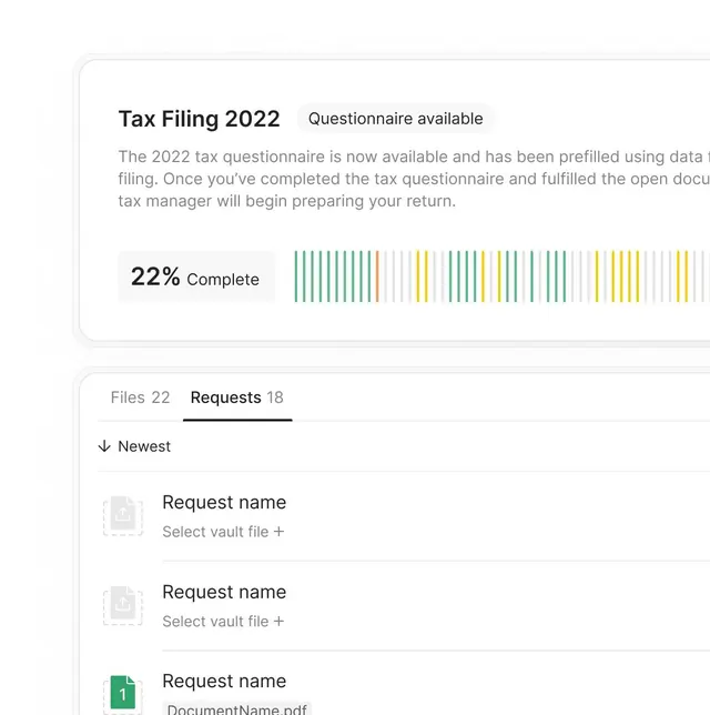 Tax filing questionnaire UI with green-yellow progress indicator, minimal, corporate-clean, light
