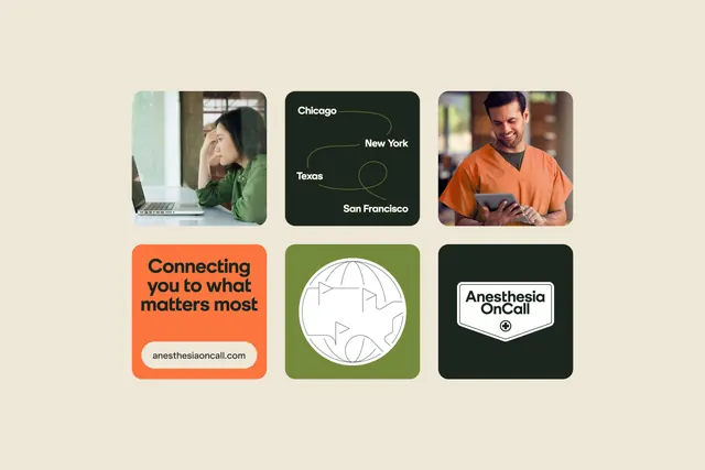 AnesthesiaOnCall 3x2 grid card showcase, minimal, corporate-clean, warm