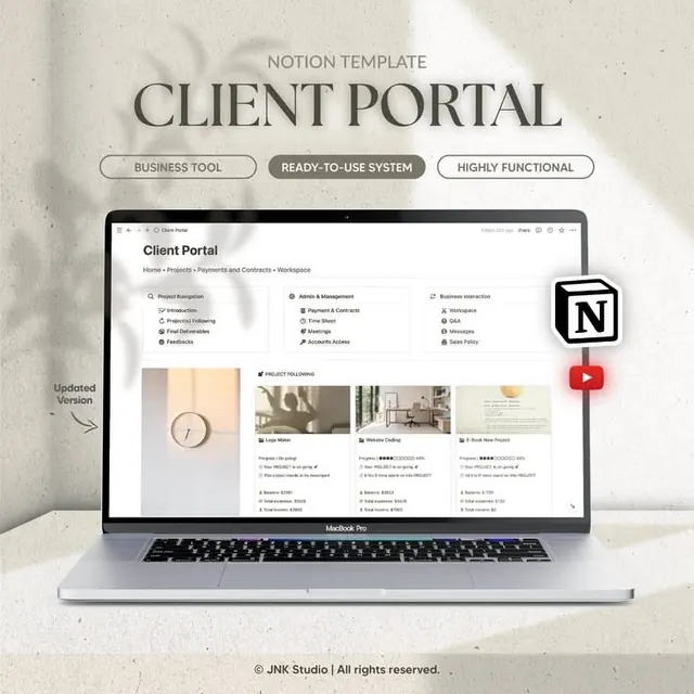 Notion Client Portal template mockup, corporate-clean, minimal, monochrome