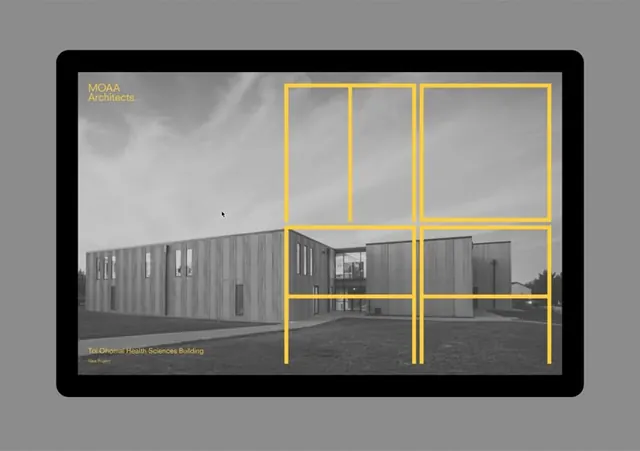 Architecture overlay graphic with yellow grid frame, minimal, technical, light