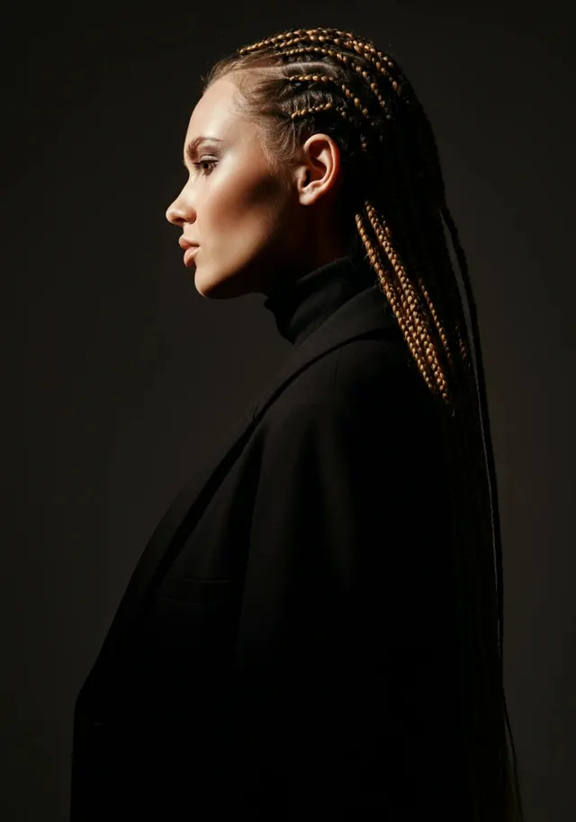 Portrait of a Woman in Black with Gold Headpiece, luxury, minimal, dark