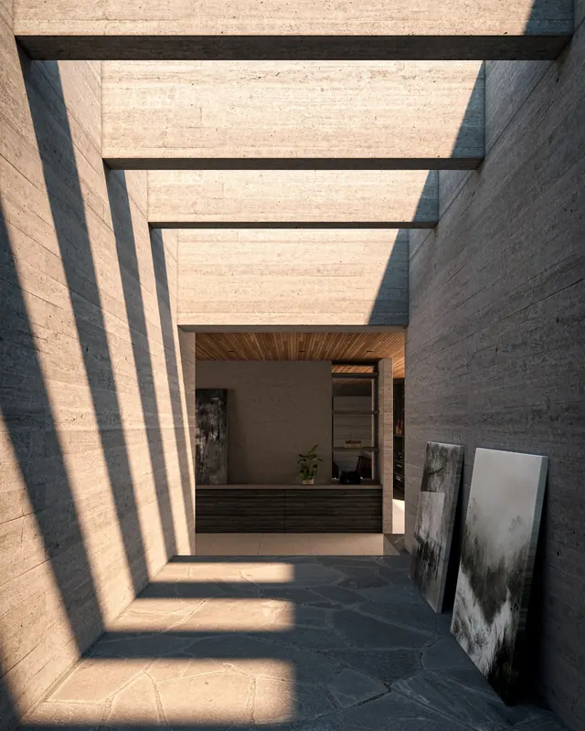 Brutalist concrete hallway with timber frame, brutalist, photographic, warm