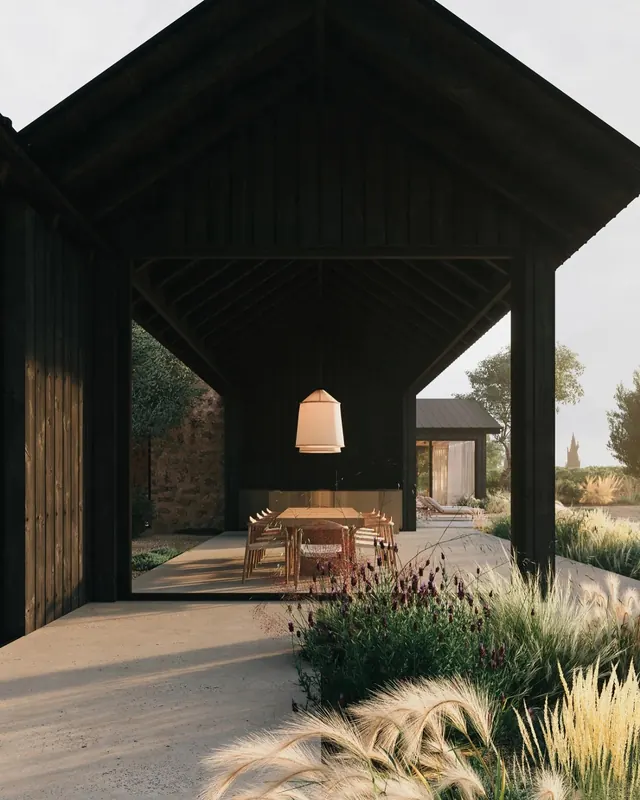Modern Rustic Outdoor Lounge, luxury, organic, dark