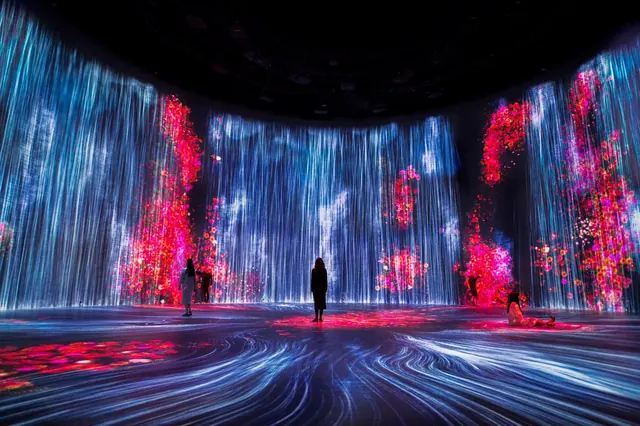 Immersive Digital Waterfall Installation, abstract, dark-mode, dark