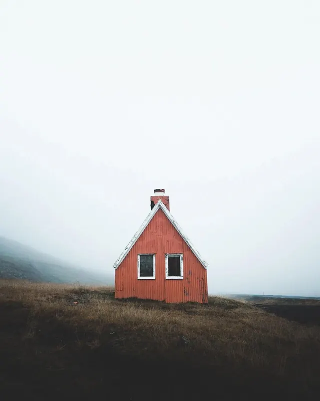 Red Cabin in Fog, minimal, photographic, high-contrast