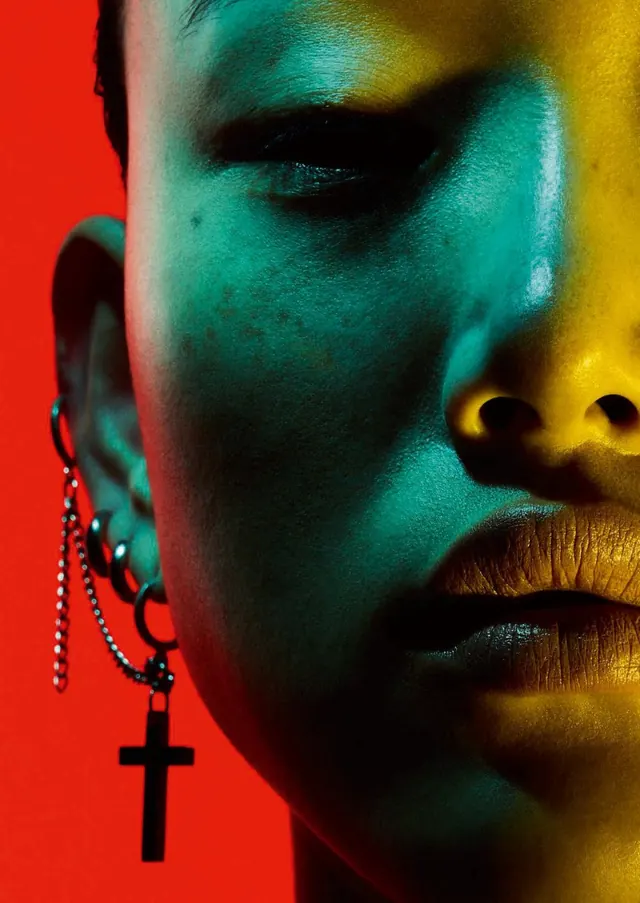 Cyberpunk Portrait with Cross Jewelry, dark-mode, abstract, vibrant