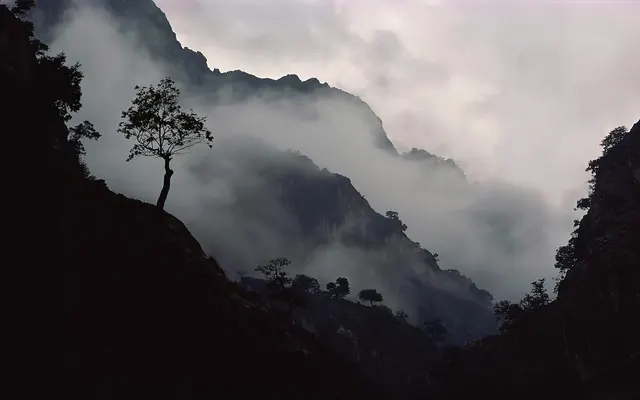 Misty Mountain Landscape, minimal, photographic, monochrome