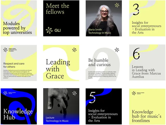 Global Leaders Institute identity system, minimal, corporate-clean, light