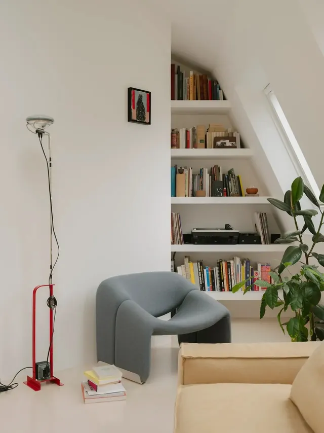 Modern home interior with shelving and accents, minimal, photographic, light