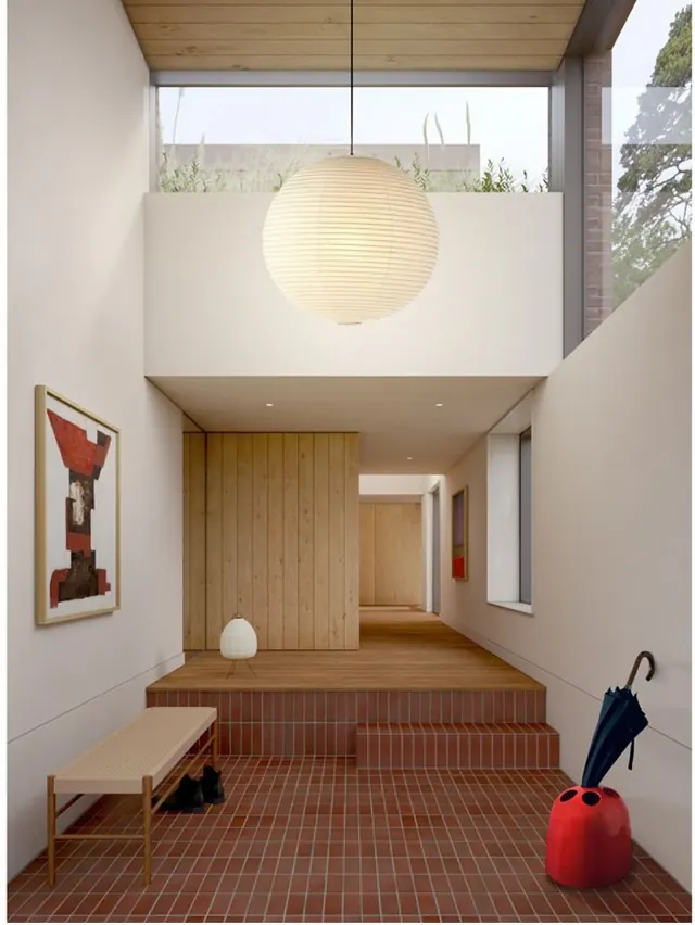 Minimal interior entryway with sculptural accent, minimal, organic, light