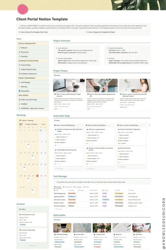 Client Portal Notion template dashboard, minimal, data-dense, light