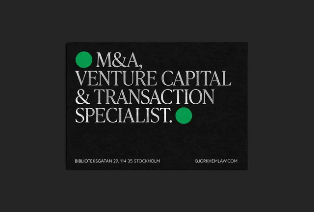 M&A firm identity with green accent dots, corporate-clean, minimal, dark