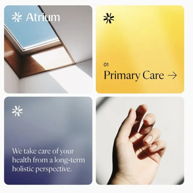 Atrium healthcare wellness four-quadrant grid, minimal, geometric, warm