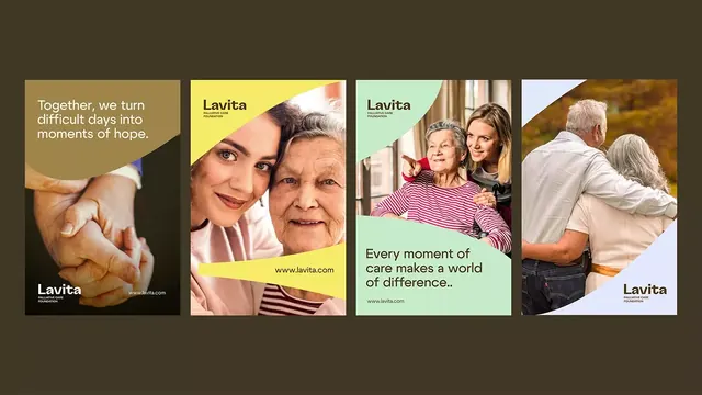 Lavita healthcare campaign, four-panel portrait series, photographic, minimal, warm