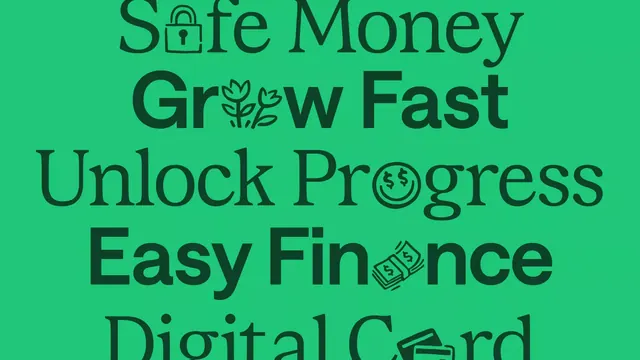 Fintech tagline poster with embedded icons, flat, minimal, vibrant