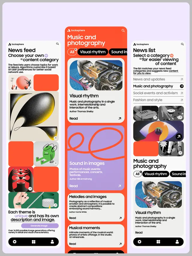 Modular content feed with bold color blocking, playful, geometric, dark