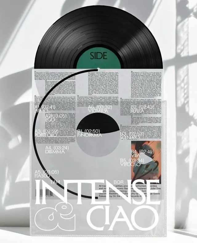 Vinyl record sleeve typographic layout, retro, monochrome, dark