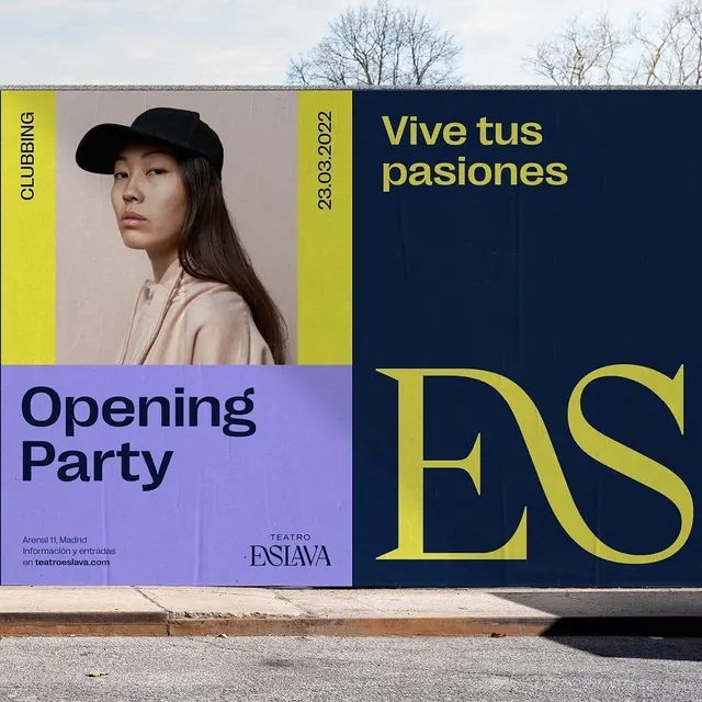 Color-blocked event poster with photographic portrait, editorial, geometric, dark