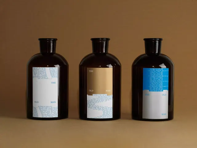 Three dark glass bottles with minimal label blocking, minimal, luxury, dark