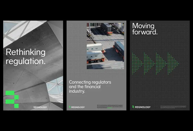 Fintech regulation brief with lime-green accent and photography, corporate-clean, minimal, light