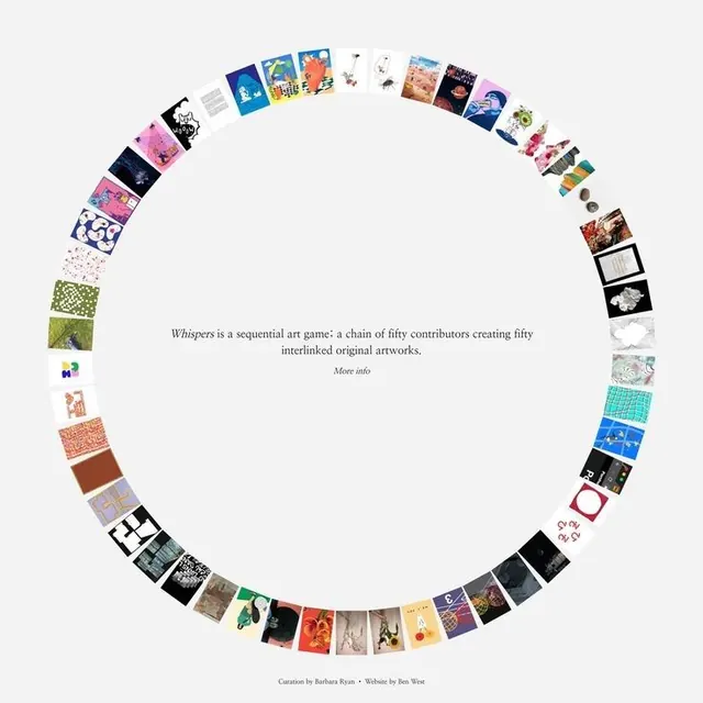 Whispers collaborative art circle with rotating gallery grid, minimal, geometric, light