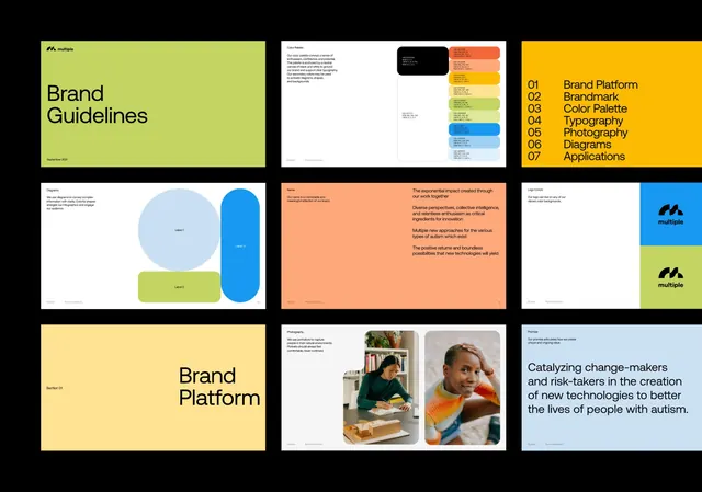 Brand guidelines grid with modular color-coded sections, minimal, corporate-clean, vibrant