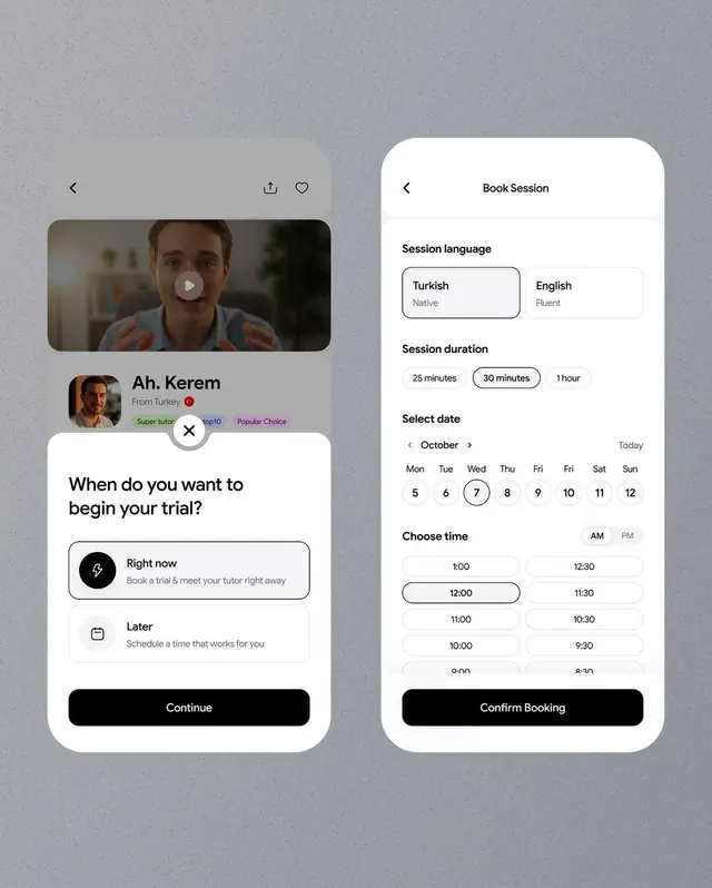 Tutoring booking platform UI flow, minimal, flat, light