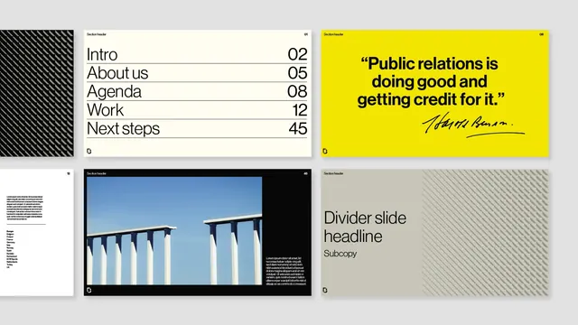 Corporate deck with diagonal stripe accent and yellow quote block, corporate-clean, geometric, dark
