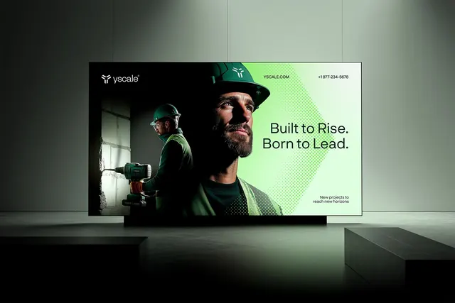 Construction leadership split-screen with neon accent, corporate-clean, minimal, dark