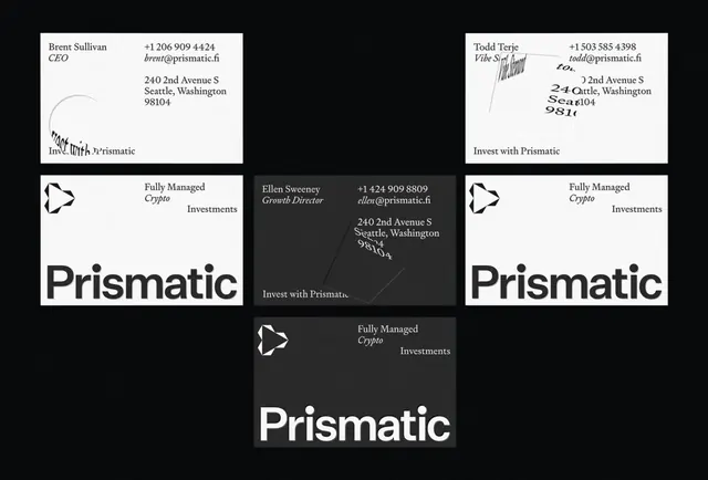 Prismatic fintech business card system, minimal, corporate-clean, dark