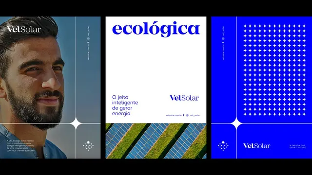 VelSolar renewable energy branding triptych, corporate-clean, minimal, light
