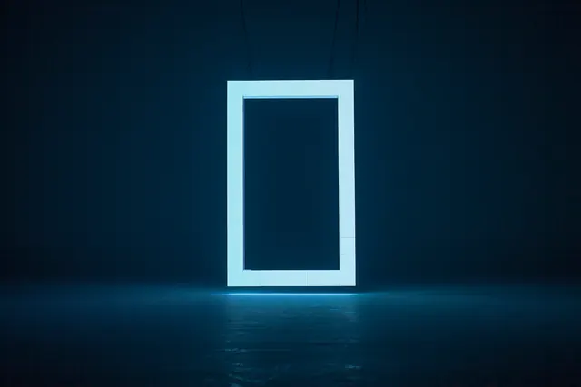 Glowing Blue Portal Frame, minimal, dark-mode, dark
