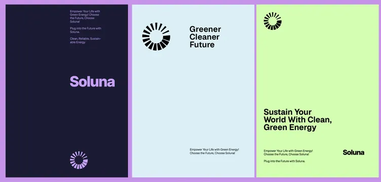 Soluna green-energy triptych with geometric accents, minimal, geometric, dark