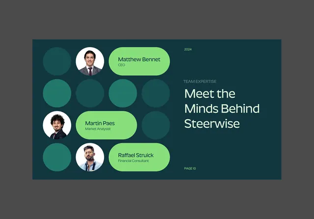 Team introduction layout with circular avatars and accent labels, corporate-clean, minimal, dark