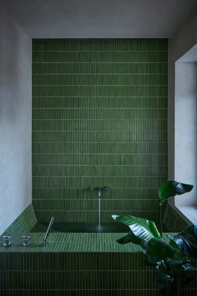 Green Tiled Bathroom Interior, minimal, organic, muted