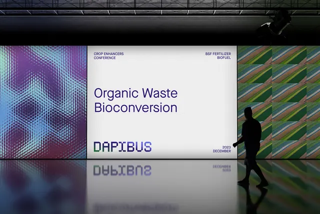 Conference slide with gradient abstraction and silhouette, corporate-clean, gradient-heavy, cool