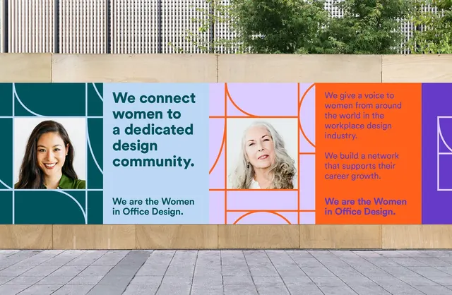 Colorblock mural signage with portrait photos, corporate-clean, geometric, warm