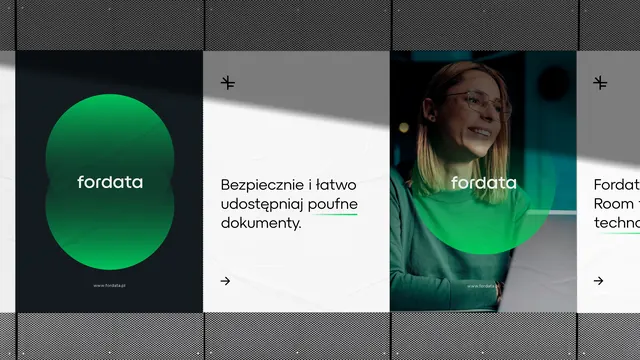 Fordata corporate website carousel with teal circles, minimal, corporate-clean, dark