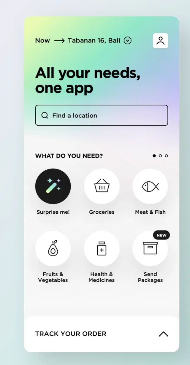 Pastel gradient super-app mobile interface, minimal, gradient-heavy, light