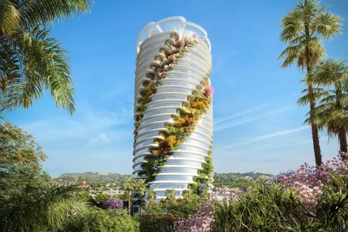 Modern Architectural Tower with Greenery, photographic, minimal, vibrant