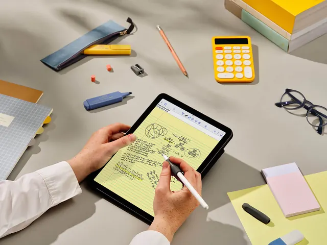 Designer's flat lay workspace with tablet and tools, minimal, photographic, light