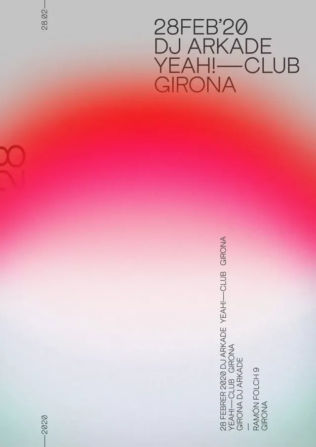 Event poster with red-to-white gradient and rotated type, gradient-heavy, minimal, warm