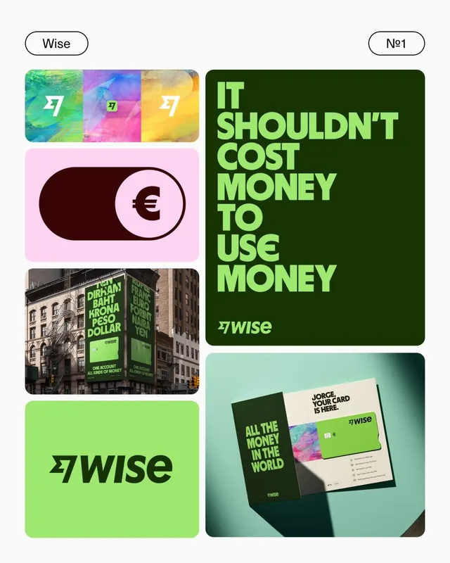 Wise fintech brand identity system, gradient-heavy, geometric, neon