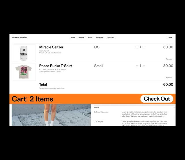 Dark e-commerce cart with orange CTA, minimal, dark-mode, dark