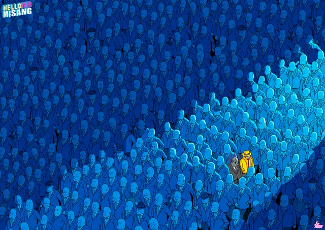 Blue Crowd with Highlighted Figures, minimal, geometric, high-contrast