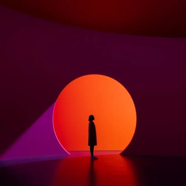 Silhouette against orange sphere, abstract, gradient-heavy, vibrant