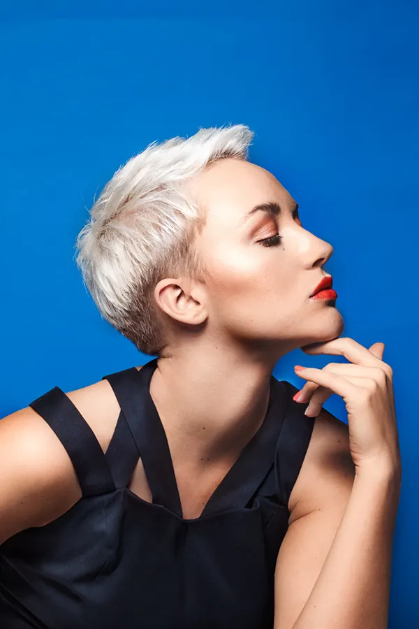 Portrait of a Woman with Short Blonde Hair, photographic, minimal, vibrant