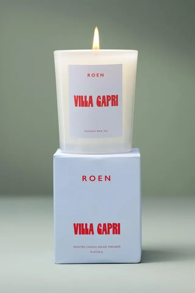 Roen Villa Capri luxury candle product and packaging, minimal, luxury, light