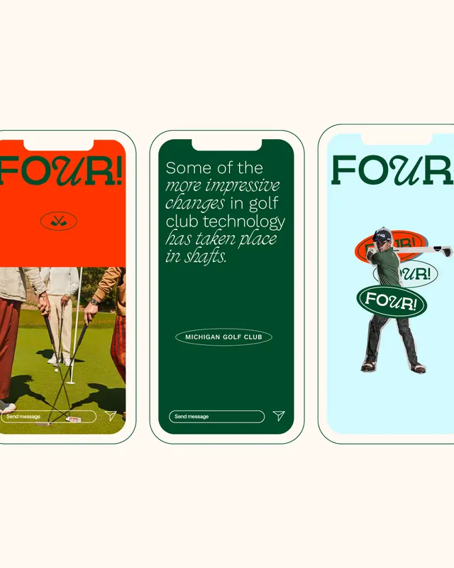 FOUR golf app mobile mockups, minimal, playful, vibrant