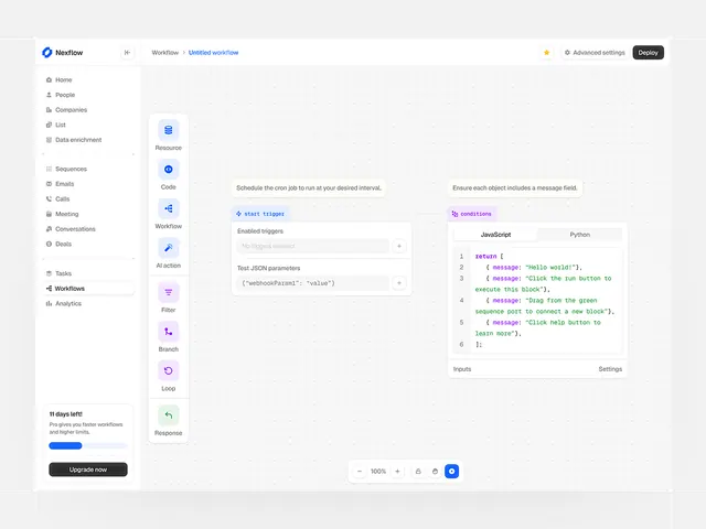Low-code workflow builder UI with icon sidebar, minimal, flat, light